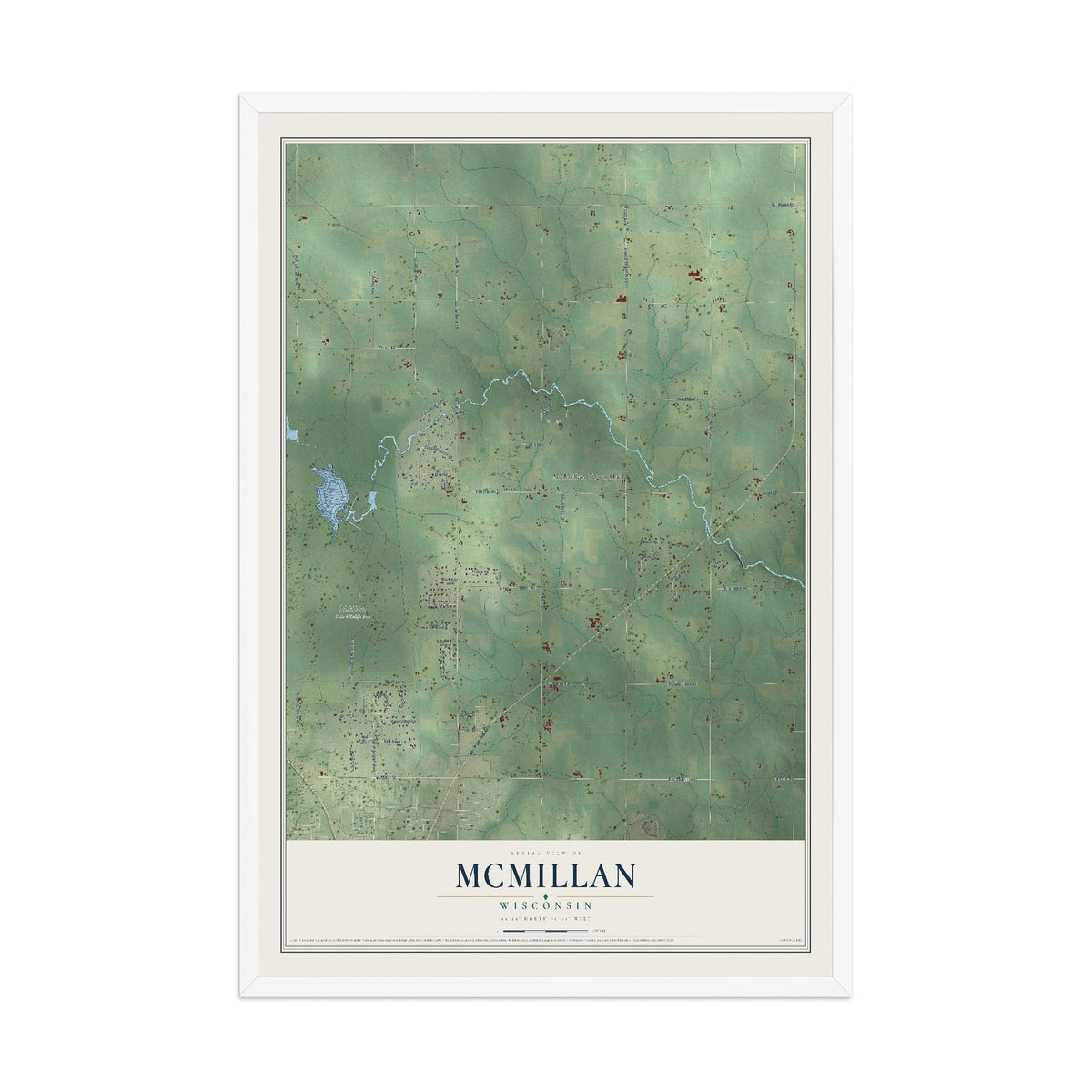Map of McMillan, Wisconsin, 12 x 18 inch print in a white wood frame
