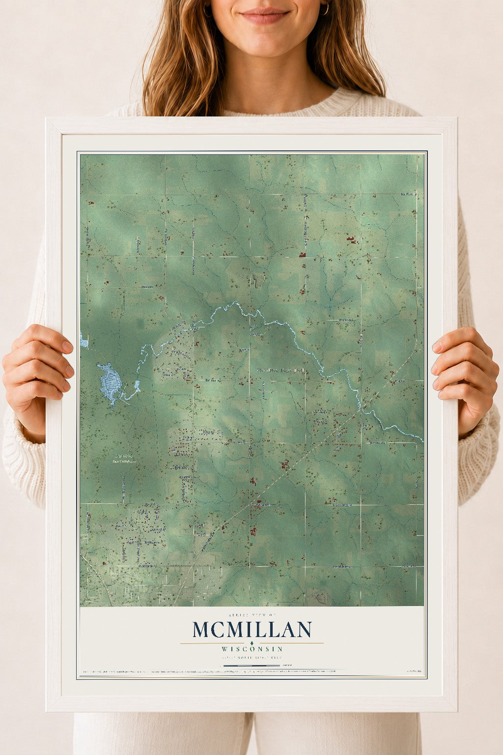 Map of McMillan, Wisconsin, 18 x 24 inch print in a white wood frame