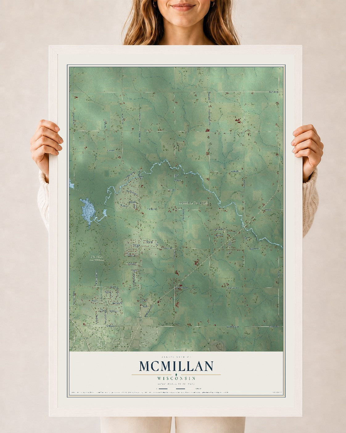 Map of McMillan, Wisconsin, 24 x 36 inch print in a white wood frame