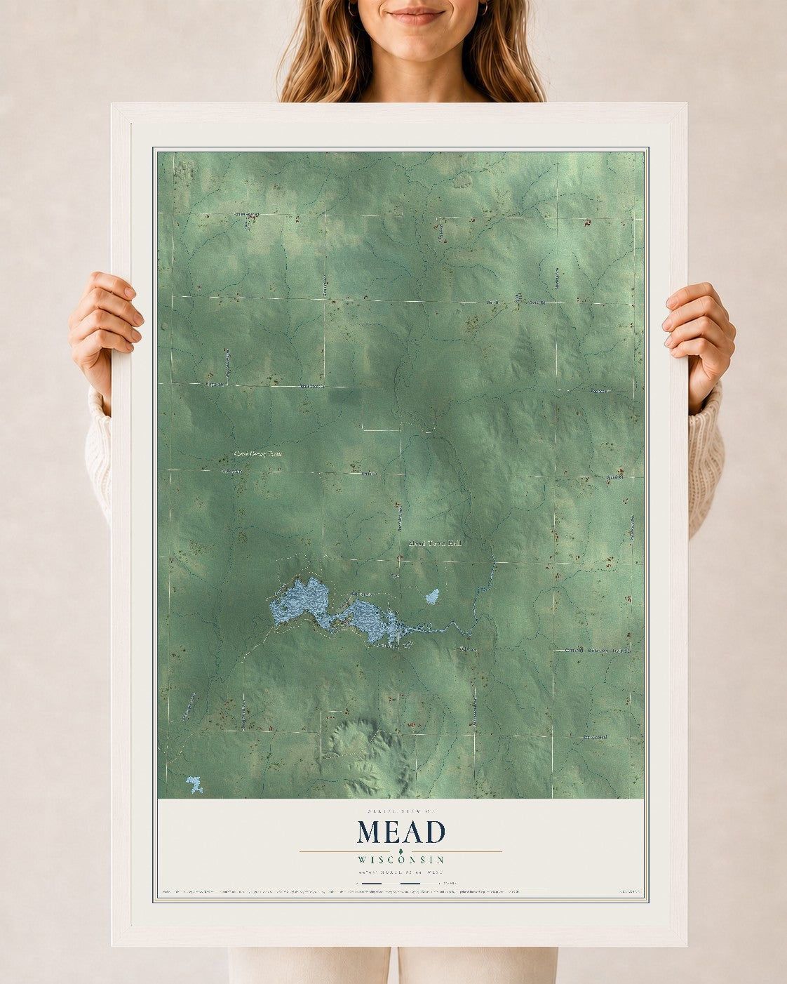 Map of Mead, Wisconsin, 24 x 36 inch print in a white wood frame