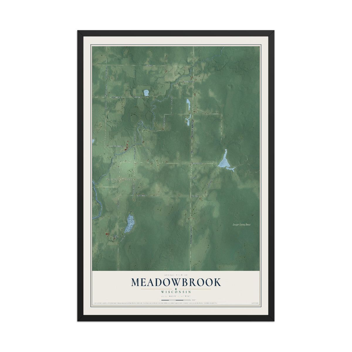 Map of Meadowbrook, Wisconsin, 12 x 18 inch print in a black wood frame