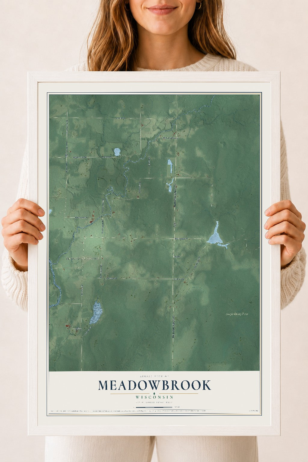 Map of Meadowbrook, Wisconsin, 18 x 24 inch print in a white wood frame