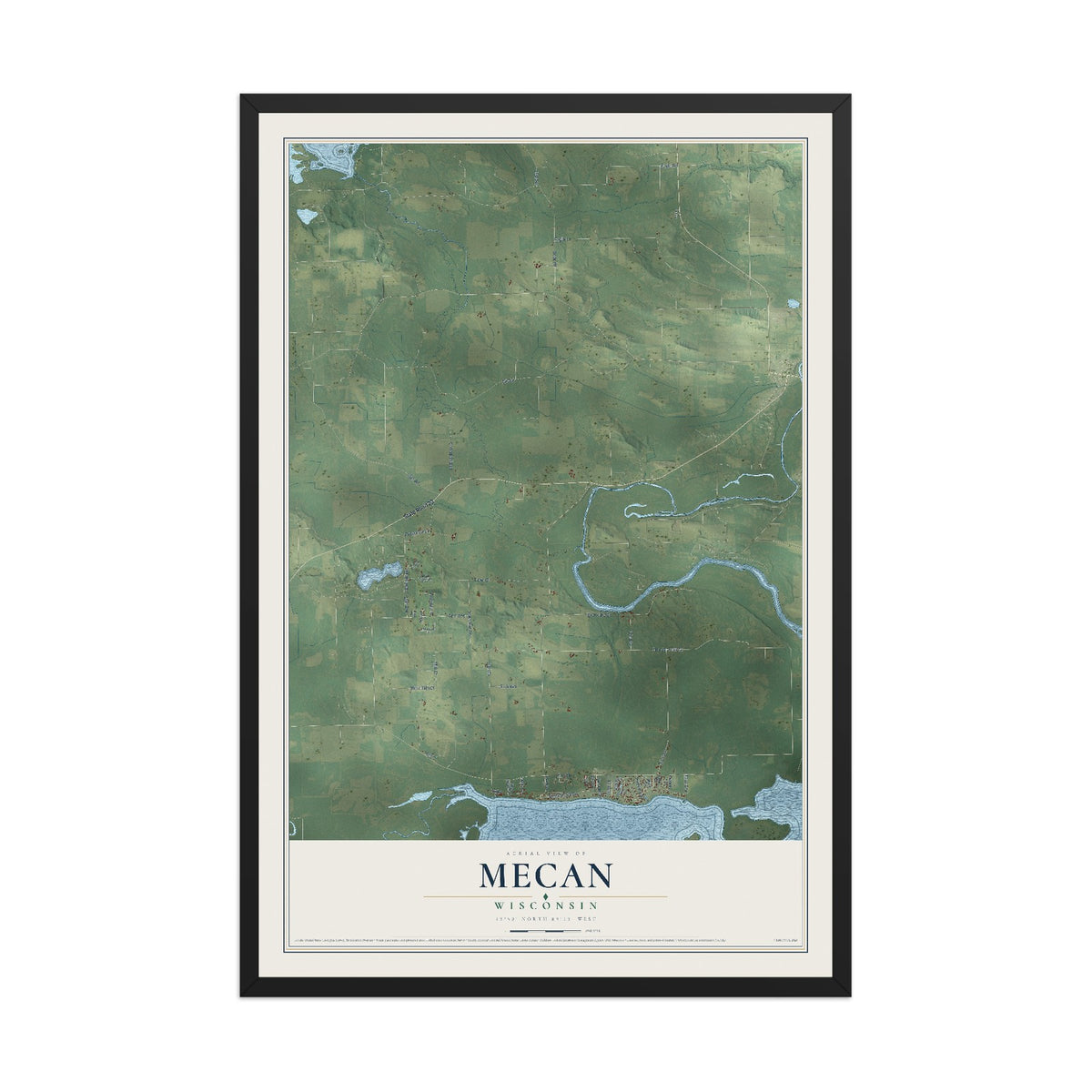 Map of Mecan, Wisconsin, 12 x 18 inch print in a black wood frame