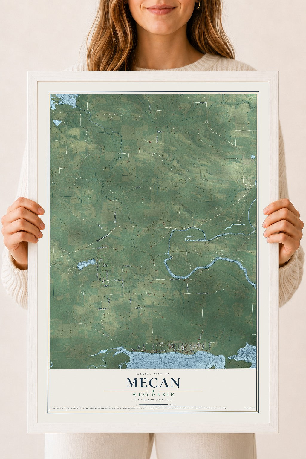 Map of Mecan, Wisconsin, 18 x 24 inch print in a white wood frame