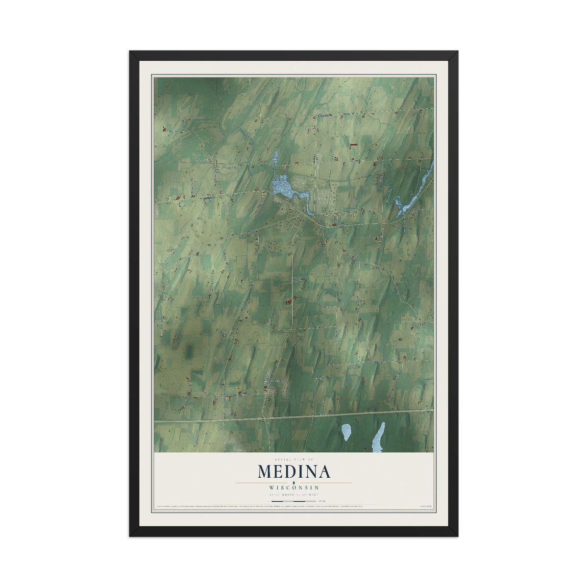 Map of Medina, Wisconsin, 12 x 18 inch print in a black wood frame