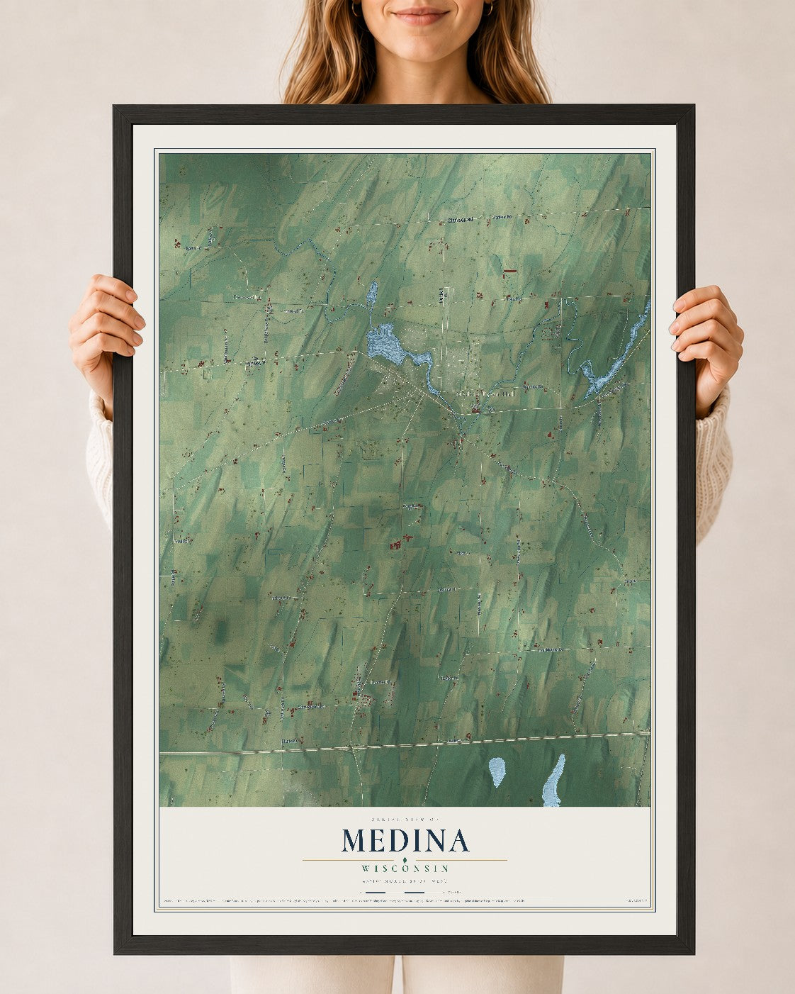 Map of Medina, Wisconsin, 24 x 36 inch print in a black wood frame