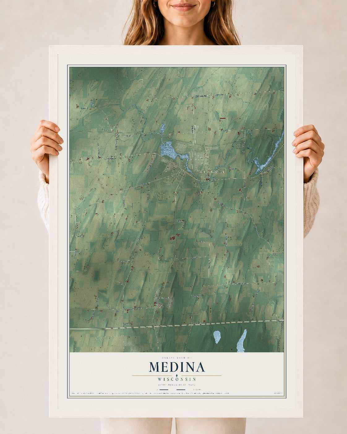 Map of Medina, Wisconsin, 24 x 36 inch print in a white wood frame