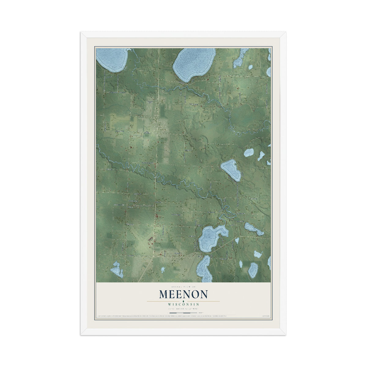 Map of Meenon, Wisconsin, 12 x 18 inch print in a white wood frame