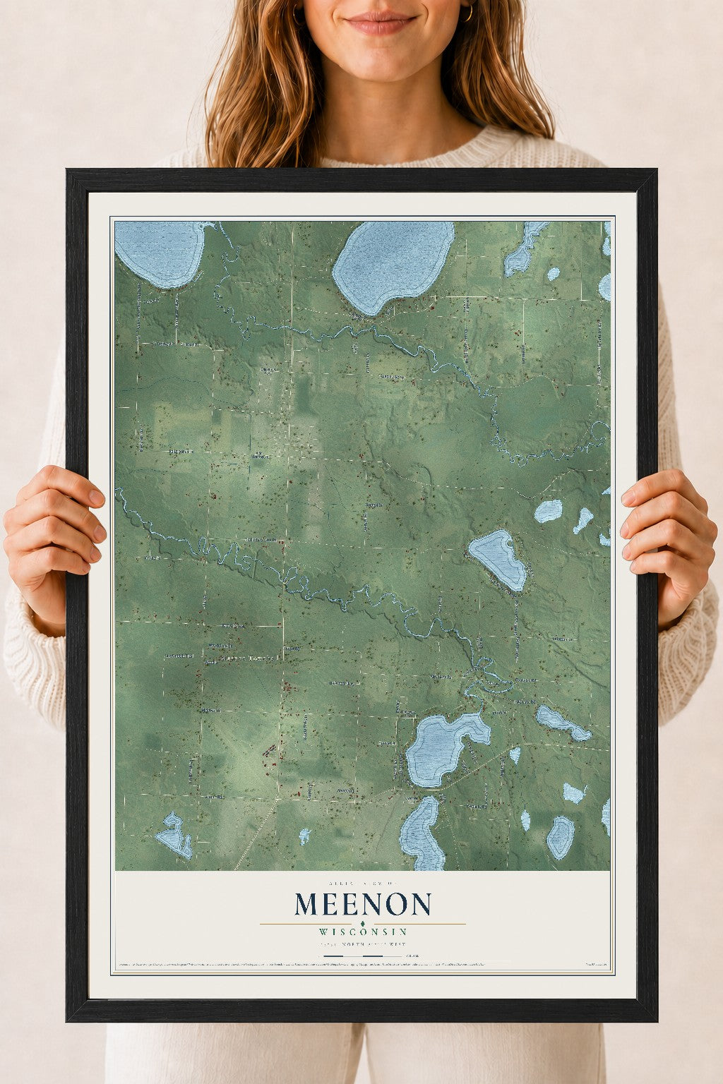 Map of Meenon, Wisconsin, 18 x 24 inch print in a black wood frame