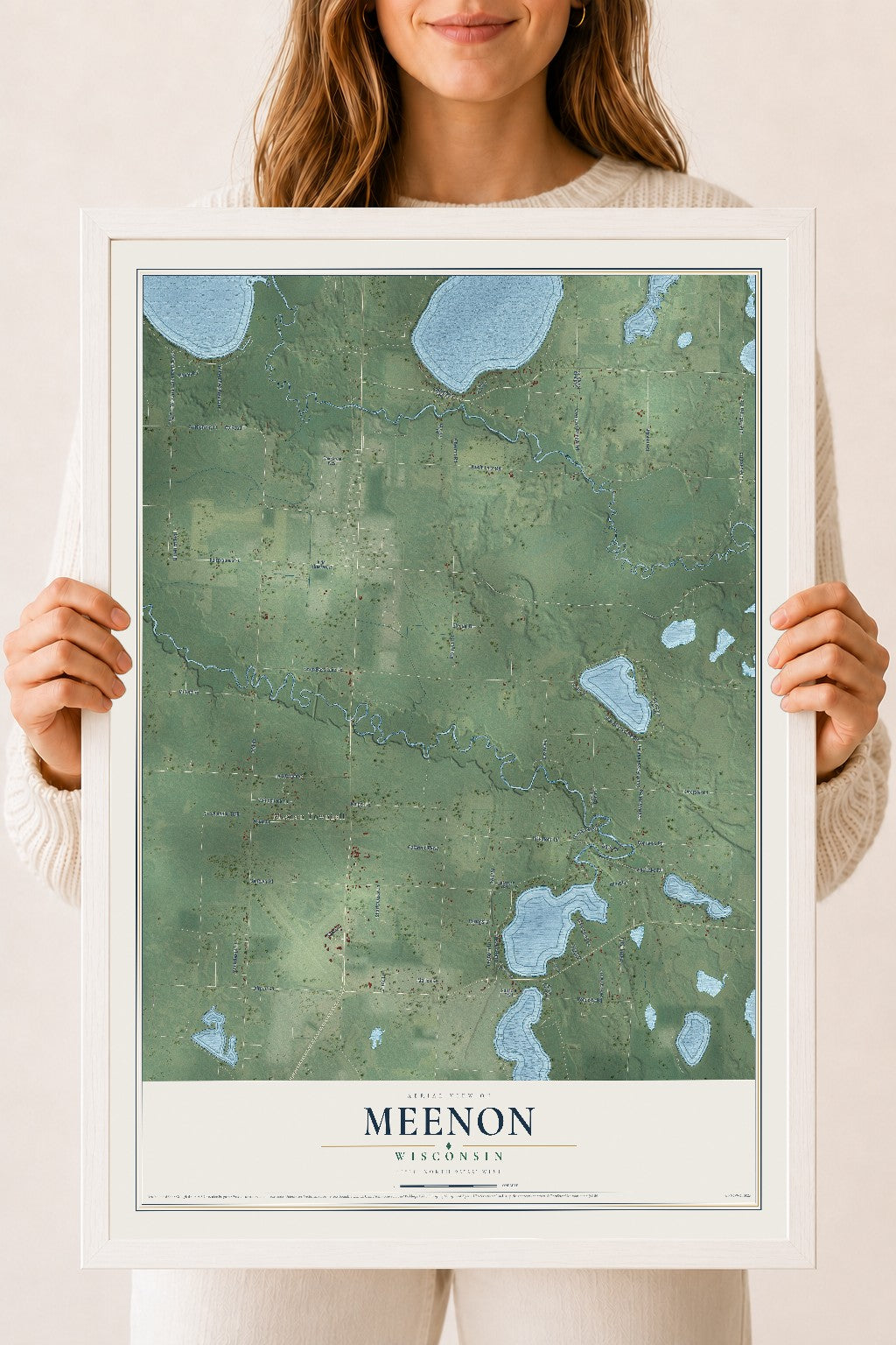 Map of Meenon, Wisconsin, 18 x 24 inch print in a white wood frame