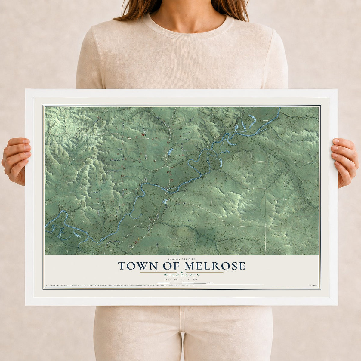 Map of the Town of Melrose, Wisconsin, 12 x 18 inch print in a white wood frame