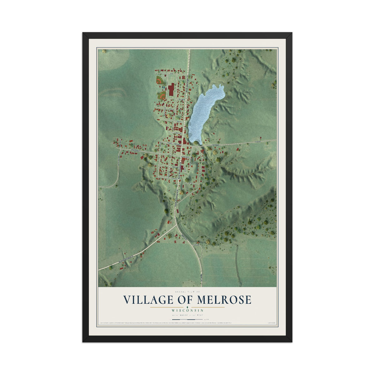 Map of Melrose, Wisconsin, 12 x 18 inch print in a black wood frame