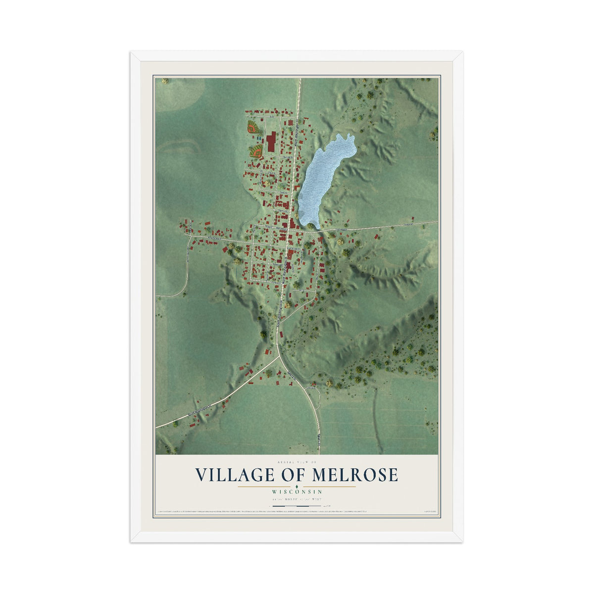 Map of Melrose, Wisconsin, 12 x 18 inch print in a white wood frame