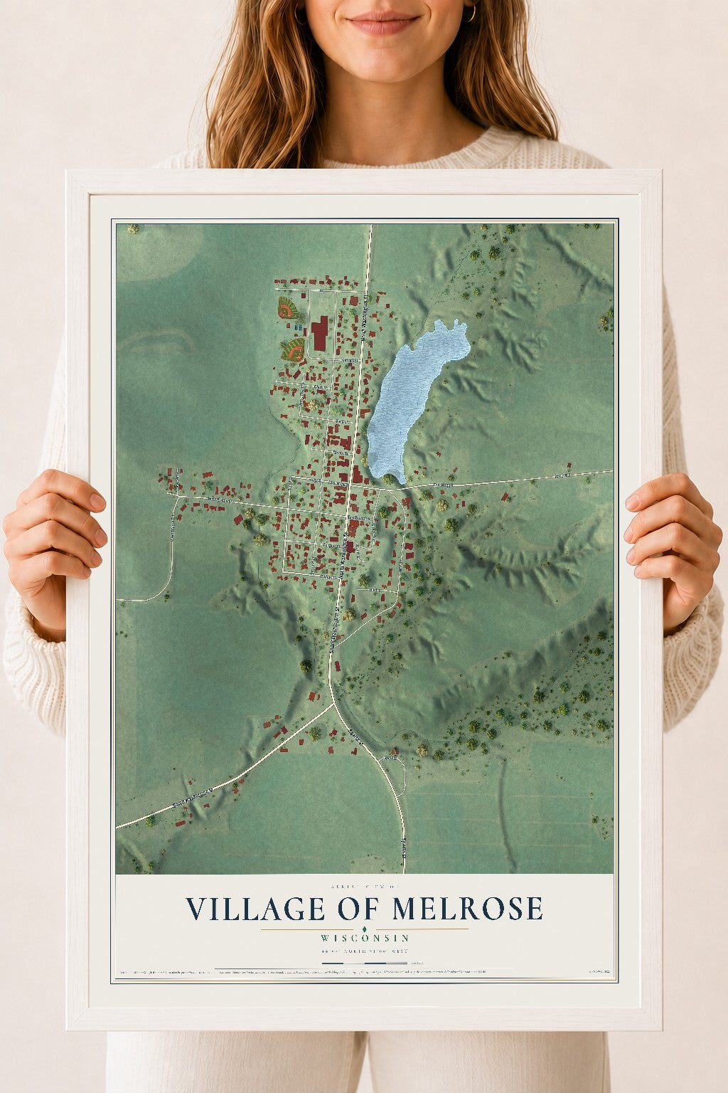 Map of Melrose, Wisconsin, 18 x 24 inch print in a white wood frame