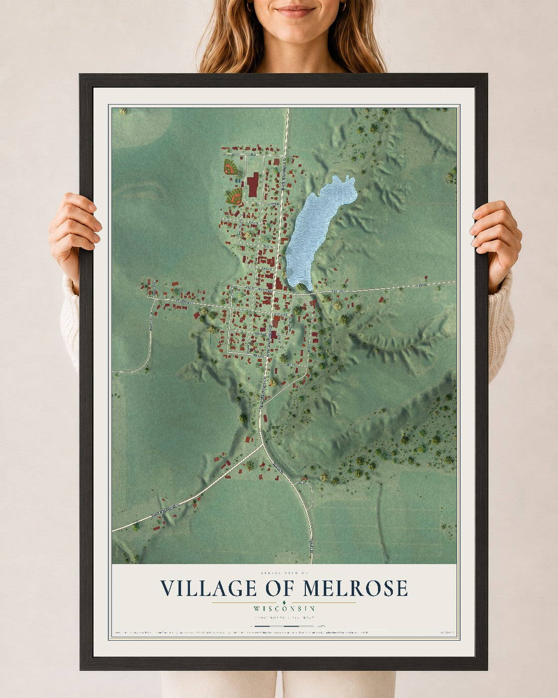 Map of Melrose, Wisconsin, 24 x 36 inch print in a black wood frame