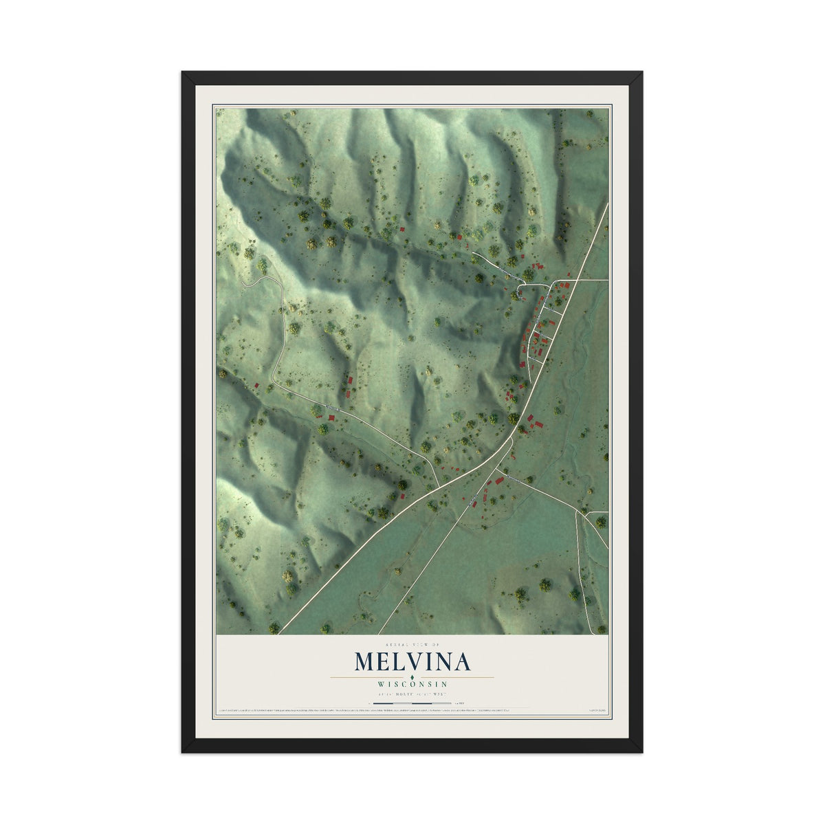 Map of Melvina, Wisconsin, 12 x 18 inch print in a black wood frame
