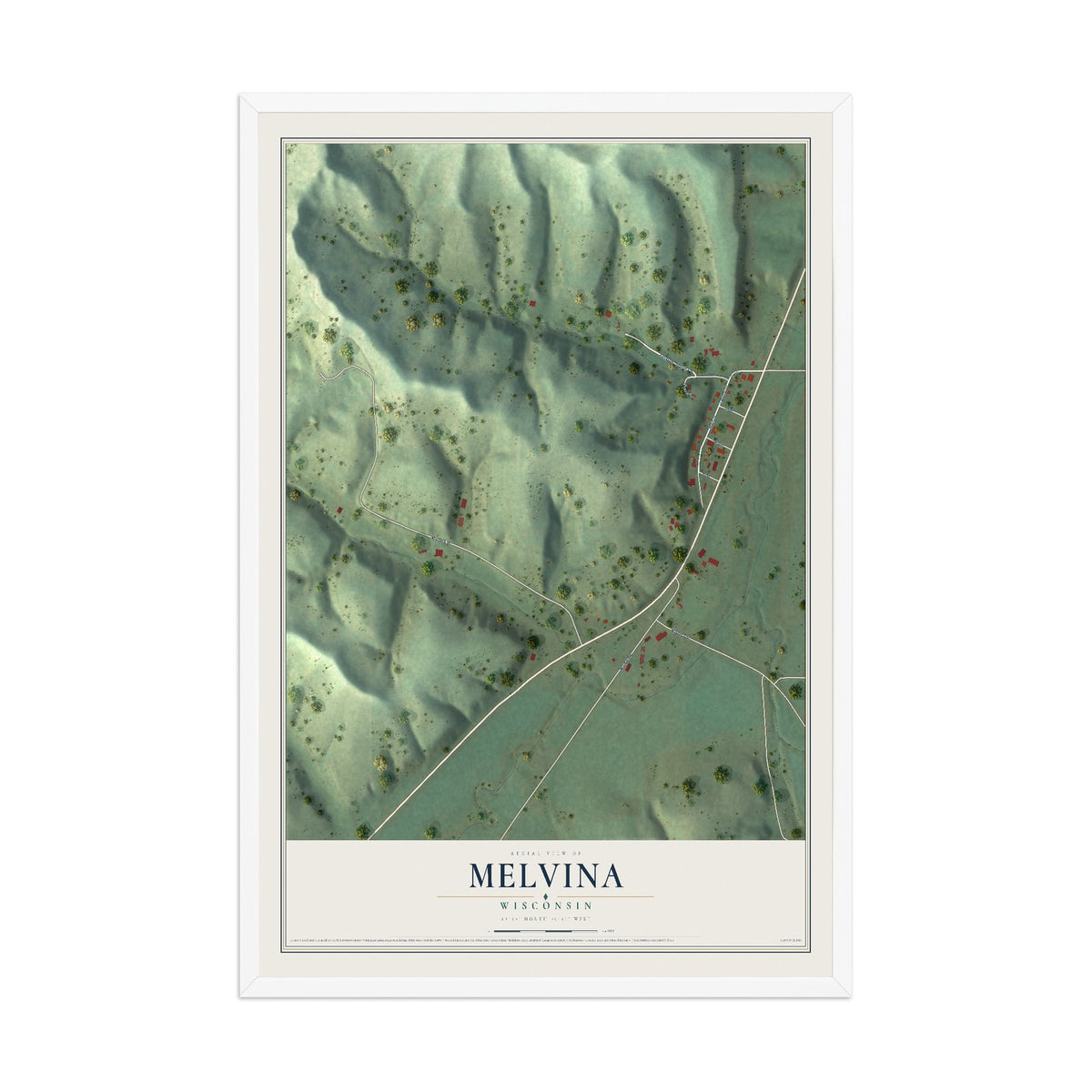 Map of Melvina, Wisconsin, 12 x 18 inch print in a white wood frame