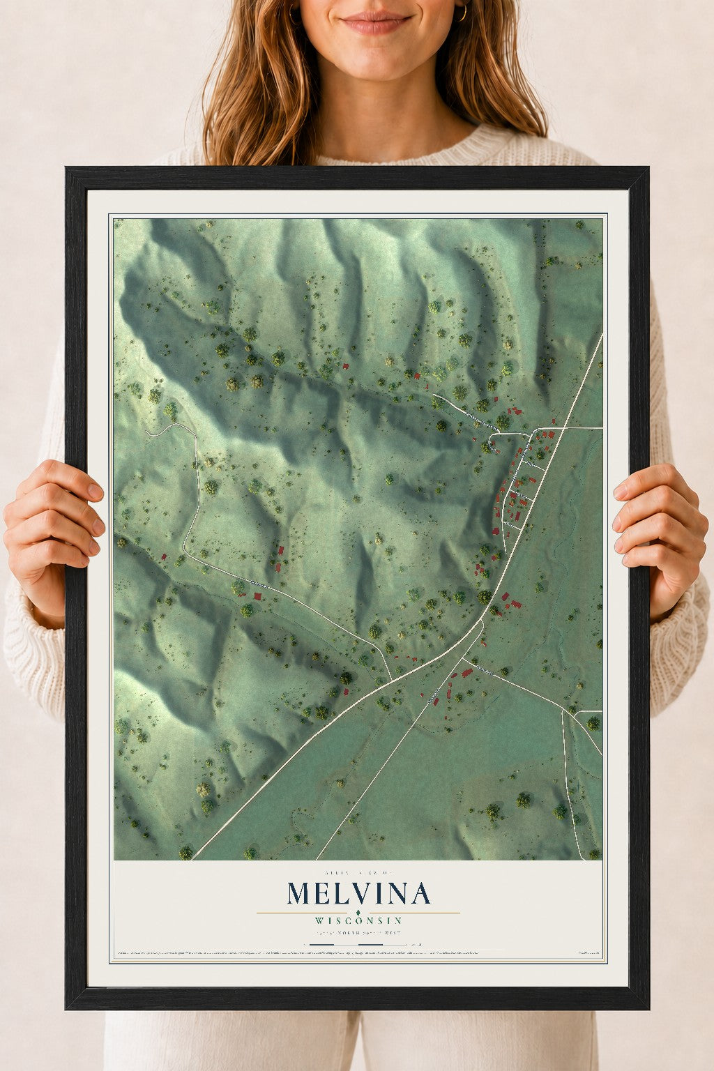 Map of Melvina, Wisconsin, 18 x 24 inch print in a black wood frame