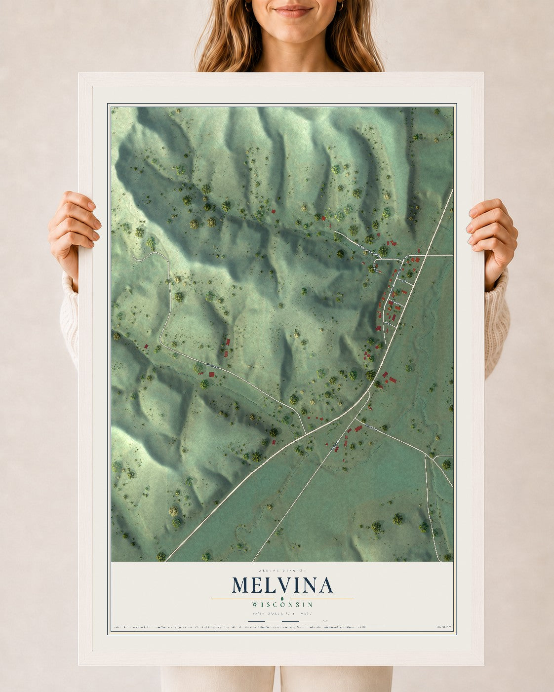 Map of Melvina, Wisconsin, 24 x 36 inch print in a white wood frame