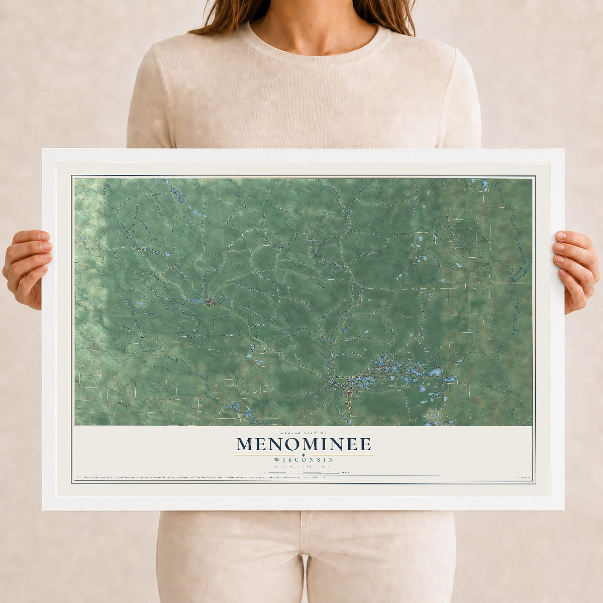 Map of Menominee, Wisconsin, 12 x 18 inch print in a white wood frame