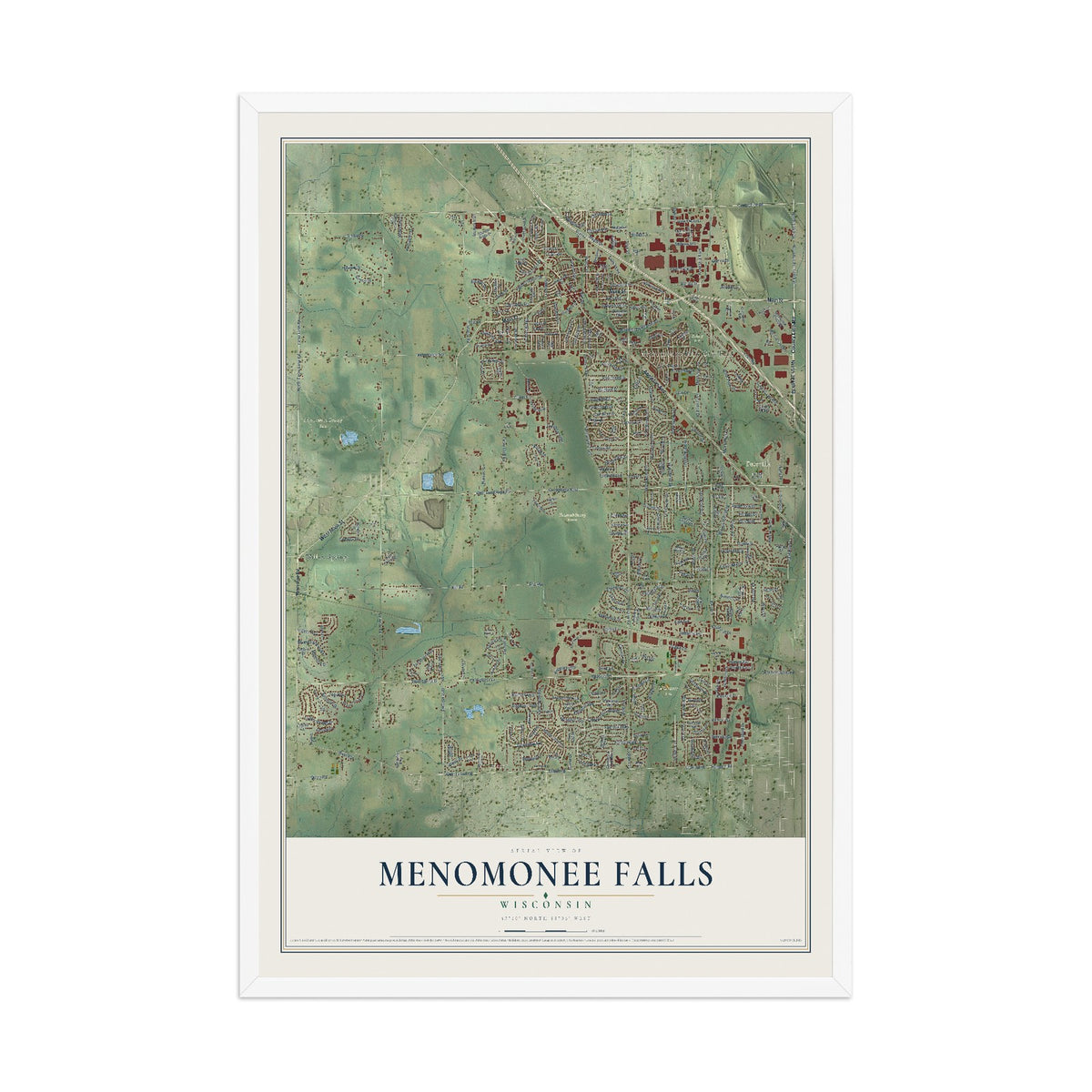 Map of Menomonee Falls, Wisconsin, 12 x 18 inch print in a white wood frame