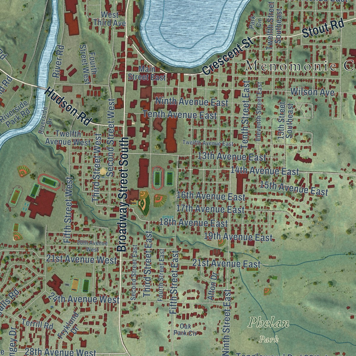 Close-up of the map of Menomonie, Wisconsin print showing street and building detail