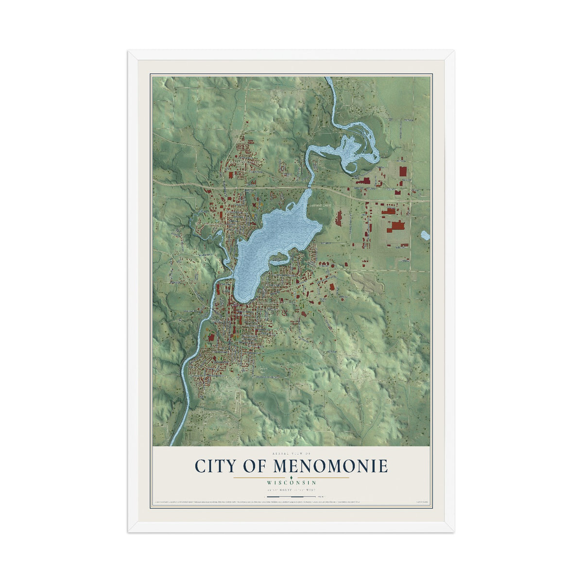 Map of Menomonie, Wisconsin, 12 x 18 inch print in a white wood frame