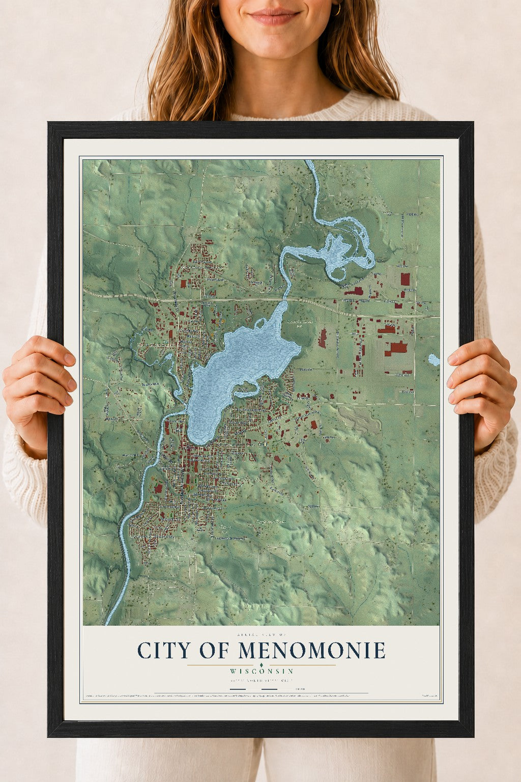 Map of Menomonie, Wisconsin, 18 x 24 inch print in a black wood frame