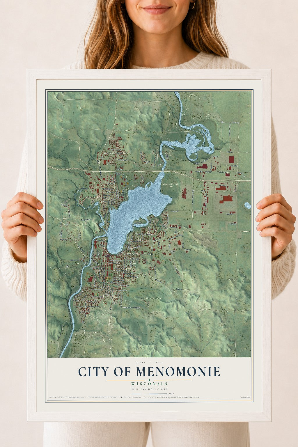 Map of Menomonie, Wisconsin, 18 x 24 inch print in a white wood frame