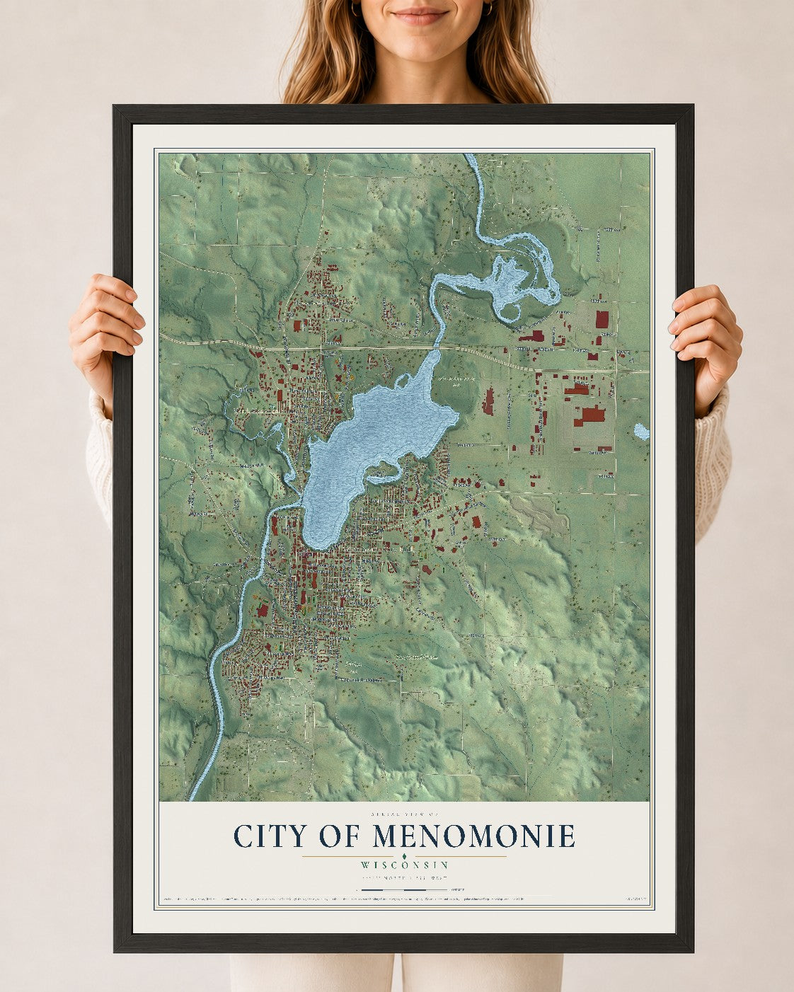 Map of Menomonie, Wisconsin, 24 x 36 inch print in a black wood frame