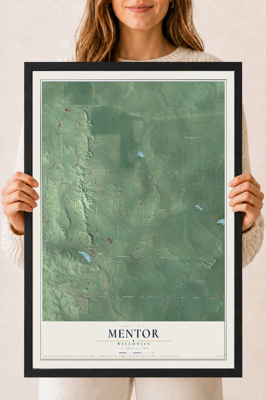 Map of Mentor, Wisconsin, 18 x 24 inch print in a black wood frame