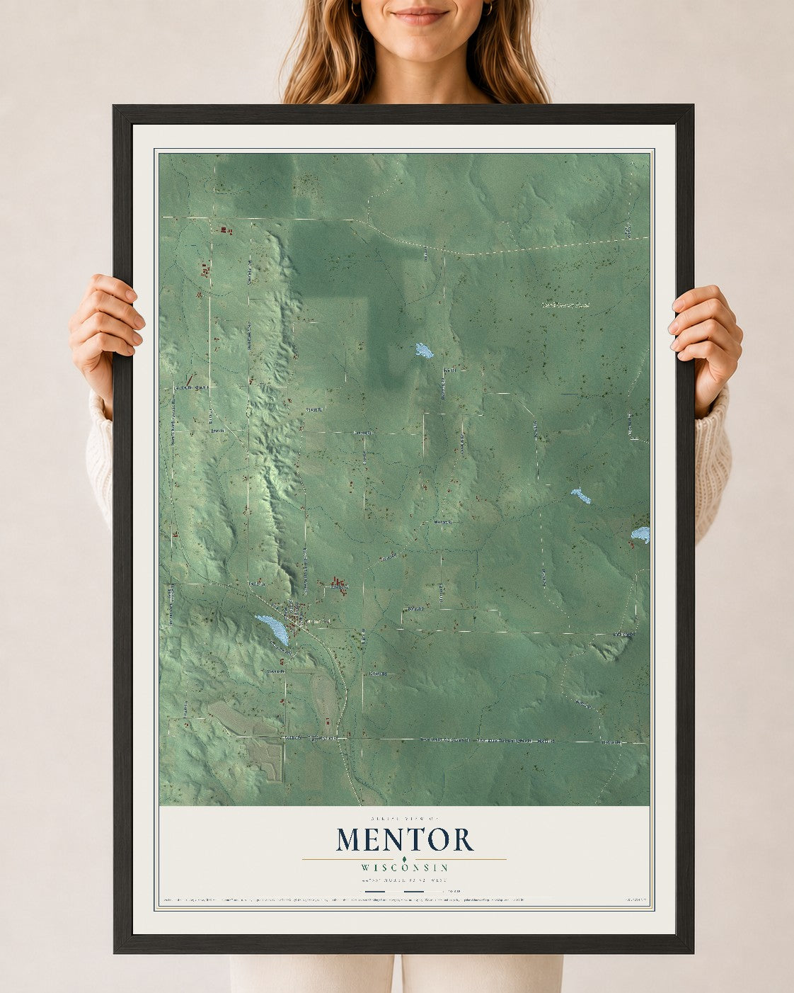 Map of Mentor, Wisconsin, 24 x 36 inch print in a black wood frame