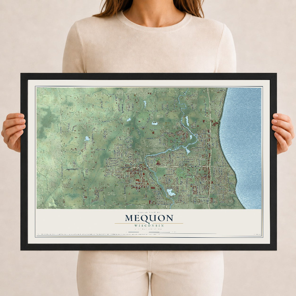 Map of Mequon, Wisconsin, 12 x 18 inch print in a black wood frame