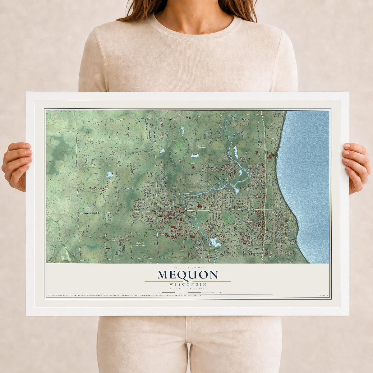 Map of Mequon, Wisconsin, 12 x 18 inch print in a white wood frame