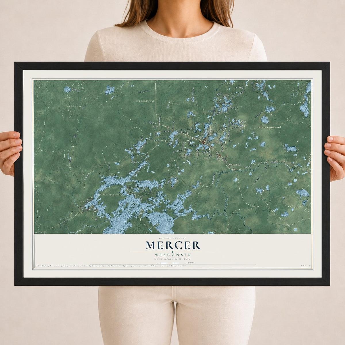 Map of Mercer, Wisconsin, 18 x 24 inch print in a black wood frame