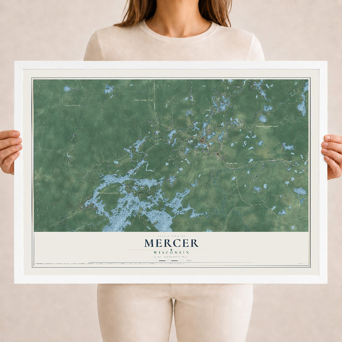 Map of Mercer, Wisconsin, 18 x 24 inch print in a white wood frame