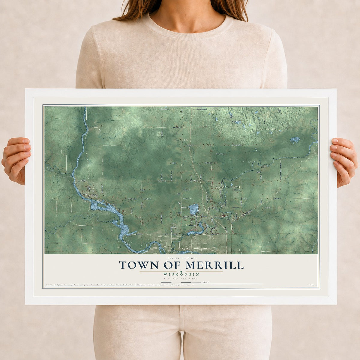 Map of the Town of Merrill, Wisconsin, 12 x 18 inch print in a white wood frame