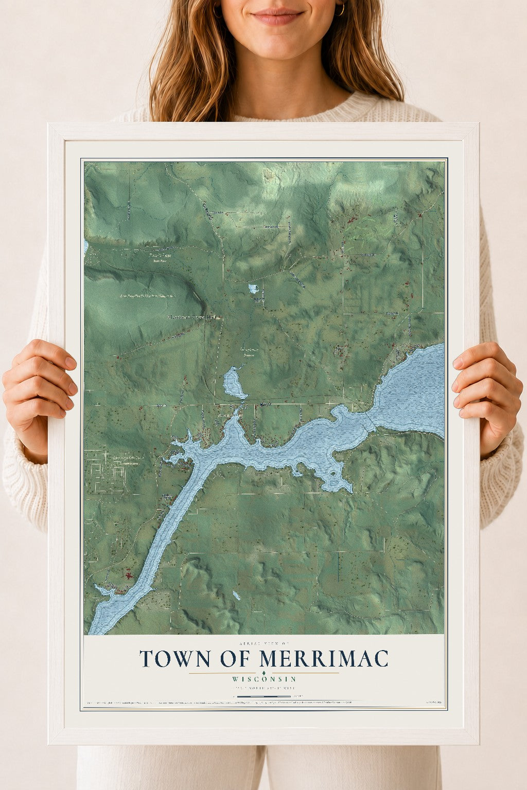 Map of the Town of Merrimac, Wisconsin, 18 x 24 inch print in a white wood frame