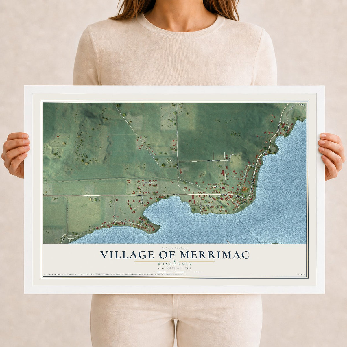 Map of Merrimac, Wisconsin, 12 x 18 inch print in a white wood frame
