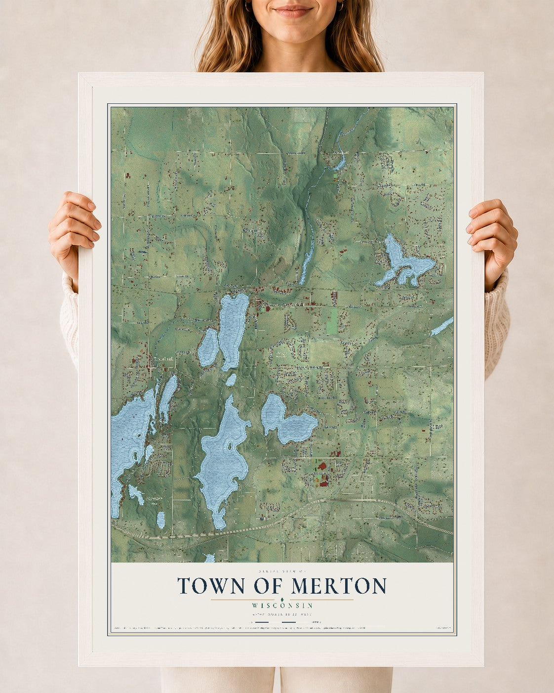 Map of the Town of Merton, Wisconsin, 24 x 36 inch print in a white wood frame