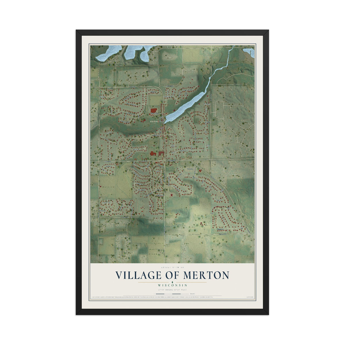 Map of Merton, Wisconsin, 12 x 18 inch print in a black wood frame