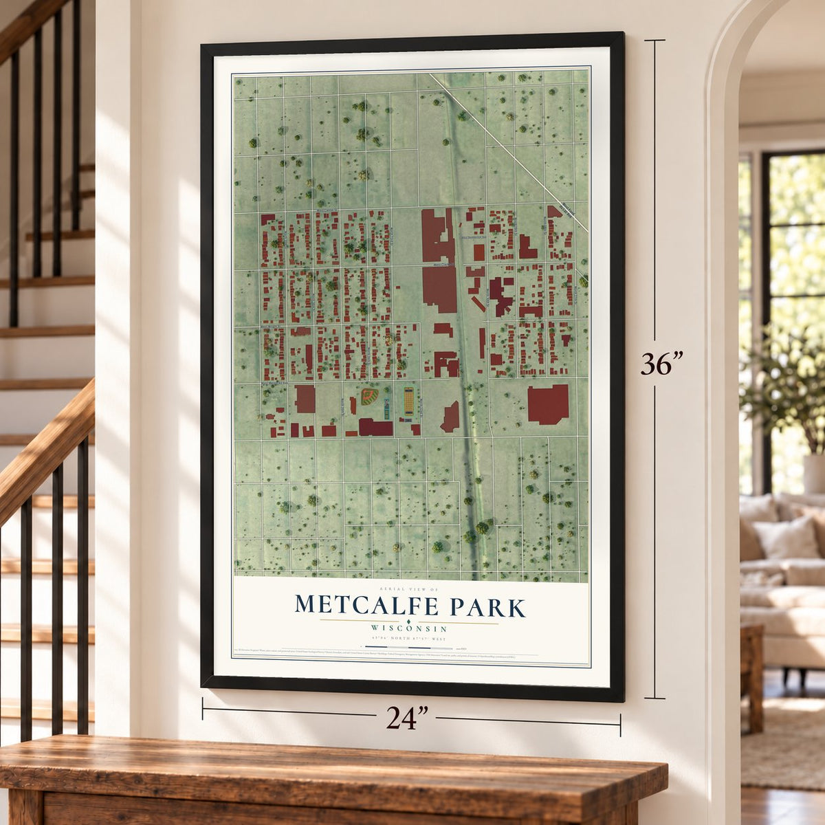 Metcalfe Park, Wisconsin map, 24 x 36 inch print in a black frame by a staircase