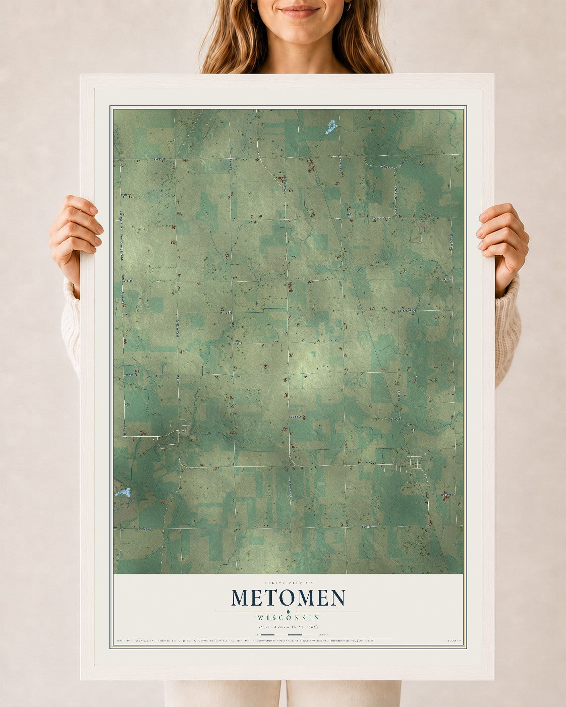 Map of Metomen, Wisconsin, 24 x 36 inch print in a white wood frame
