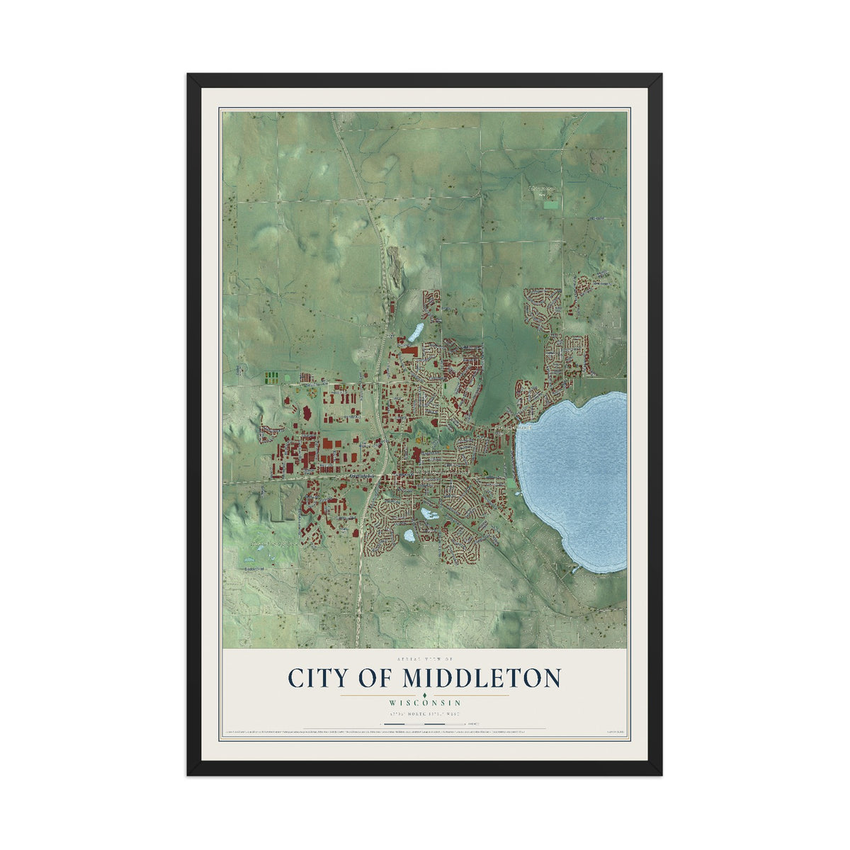 Map of Middleton, Wisconsin, 12 x 18 inch print in a black wood frame