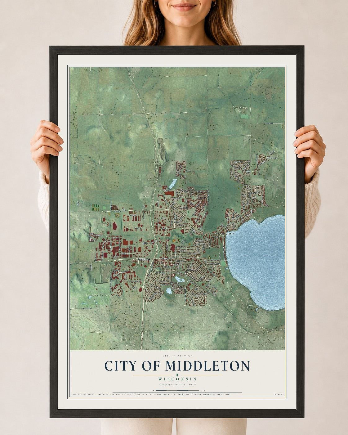 Map of Middleton, Wisconsin, 24 x 36 inch print in a black wood frame