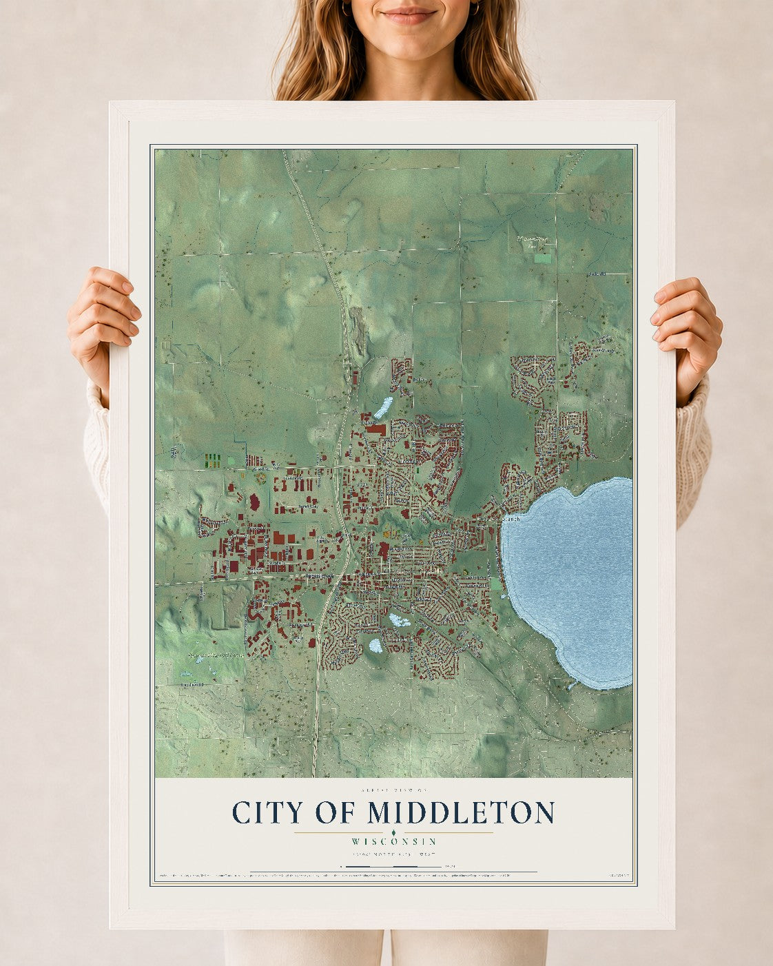Map of Middleton, Wisconsin, 24 x 36 inch print in a white wood frame