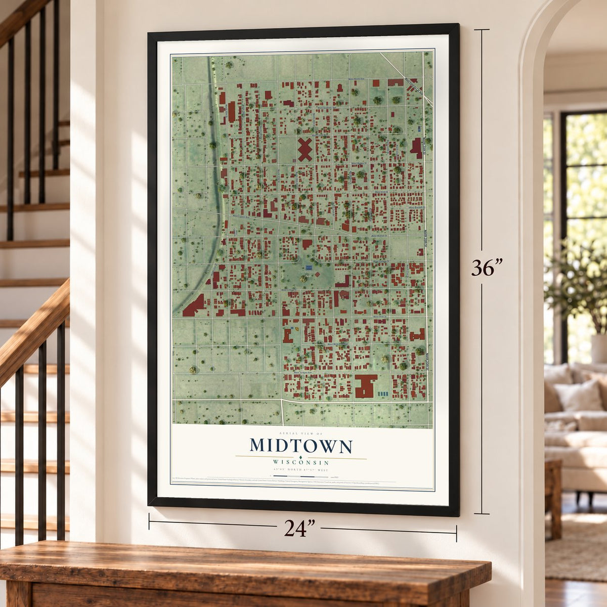 Midtown, Wisconsin map, 24 x 36 inch print in a black frame by a staircase