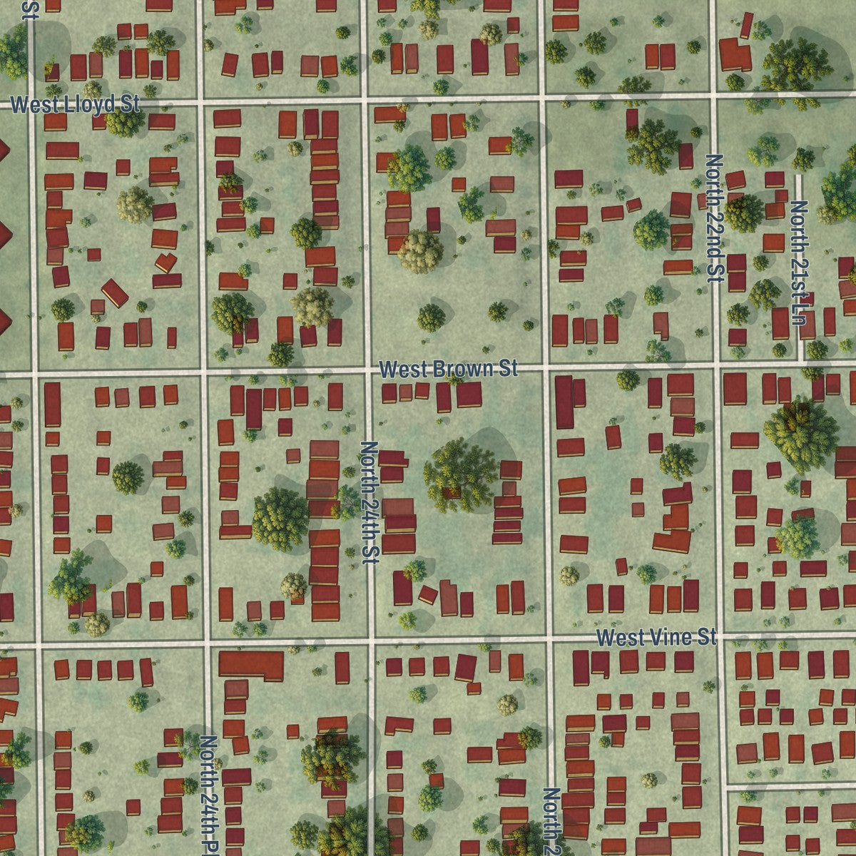 Close-up of the map of Midtown, Wisconsin print showing street and building detail