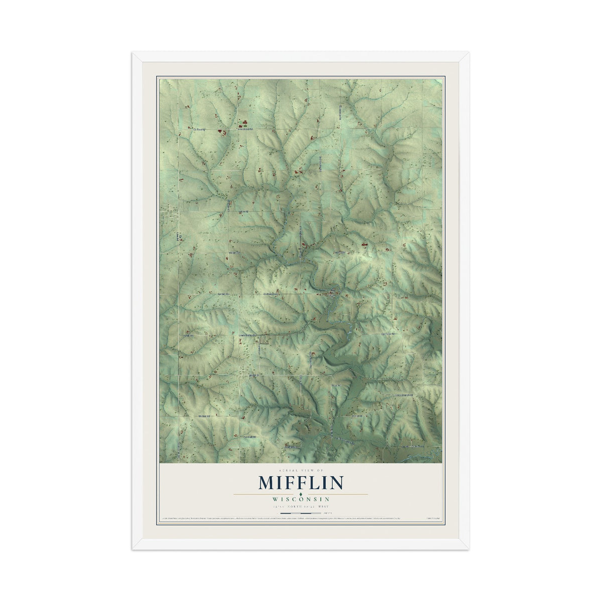 Map of Mifflin, Wisconsin, 12 x 18 inch print in a white wood frame