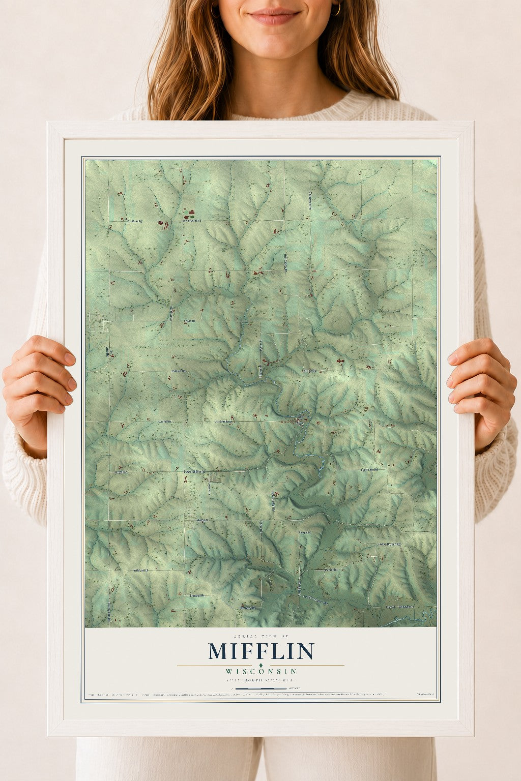 Map of Mifflin, Wisconsin, 18 x 24 inch print in a white wood frame